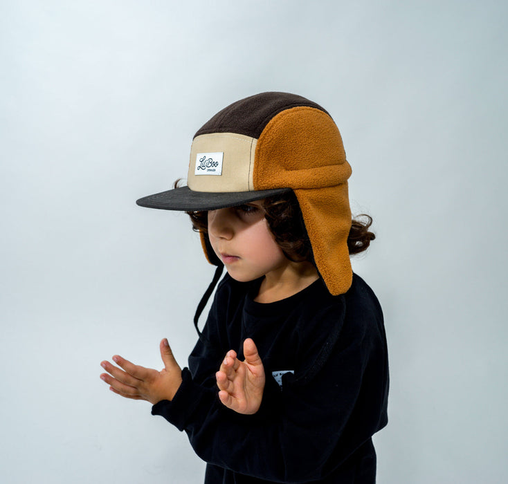 Cap, Block Fleece 5-pannello con orecchie-Brown (taglia XL, 7-14 anni)