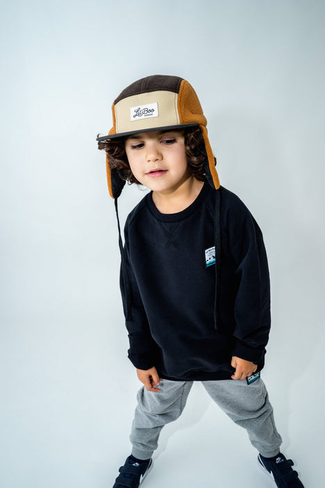 Cap, Block Fleece 5-pannello con orecchie-Brown (taglia XL, 7-14 anni)