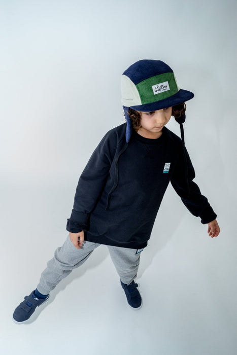 Cap, blocco vellutoy 5 pannello con orecchie-Navy / Green (dimensione L, 4-7 anni)