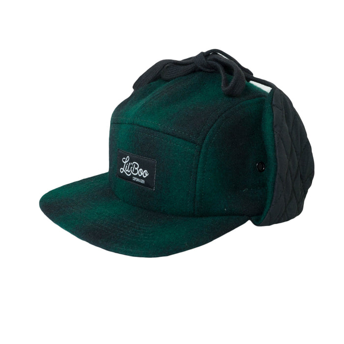 Cappello, lana a 5 pannelli con orecchie-verde / nero (taglia L, 4-7 anni)