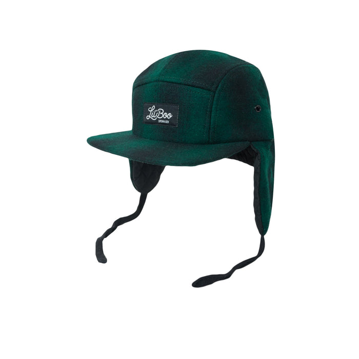 Cappello, lana a 5 pannelli con orecchie-verde / nero (taglia L, 4-7 anni)