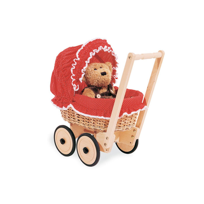 Carriage della bambola con cesto di vimini e set da letto, Mona - Beech Wicker, Red