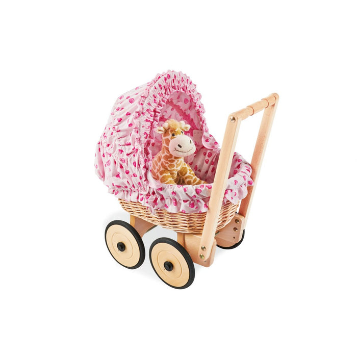 Carriage della bambola con cesto di vimini e set da letto, Mona - Beech Wicker, Rosa