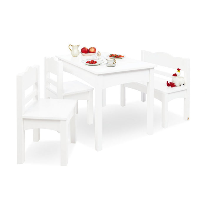 Set da tavolo per bambini, panca e sedie, Martha - legno laccato bianco