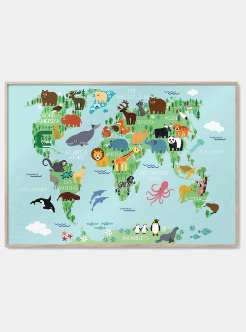 Mappa del mondo con poster di animali, M (50x70, B2)